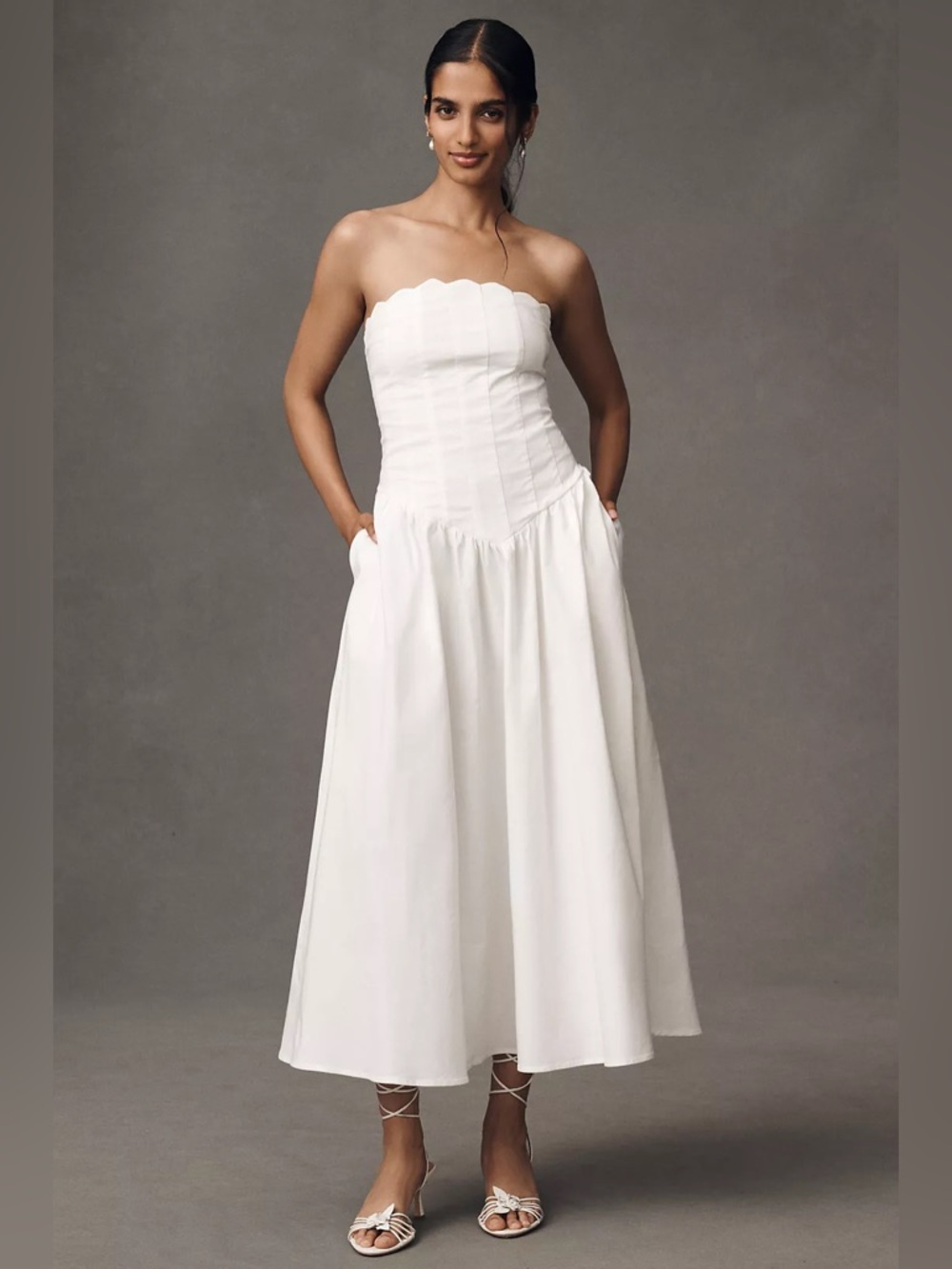 BHLDN Strapless Magic Fabric Basque-Waist Midi Dress